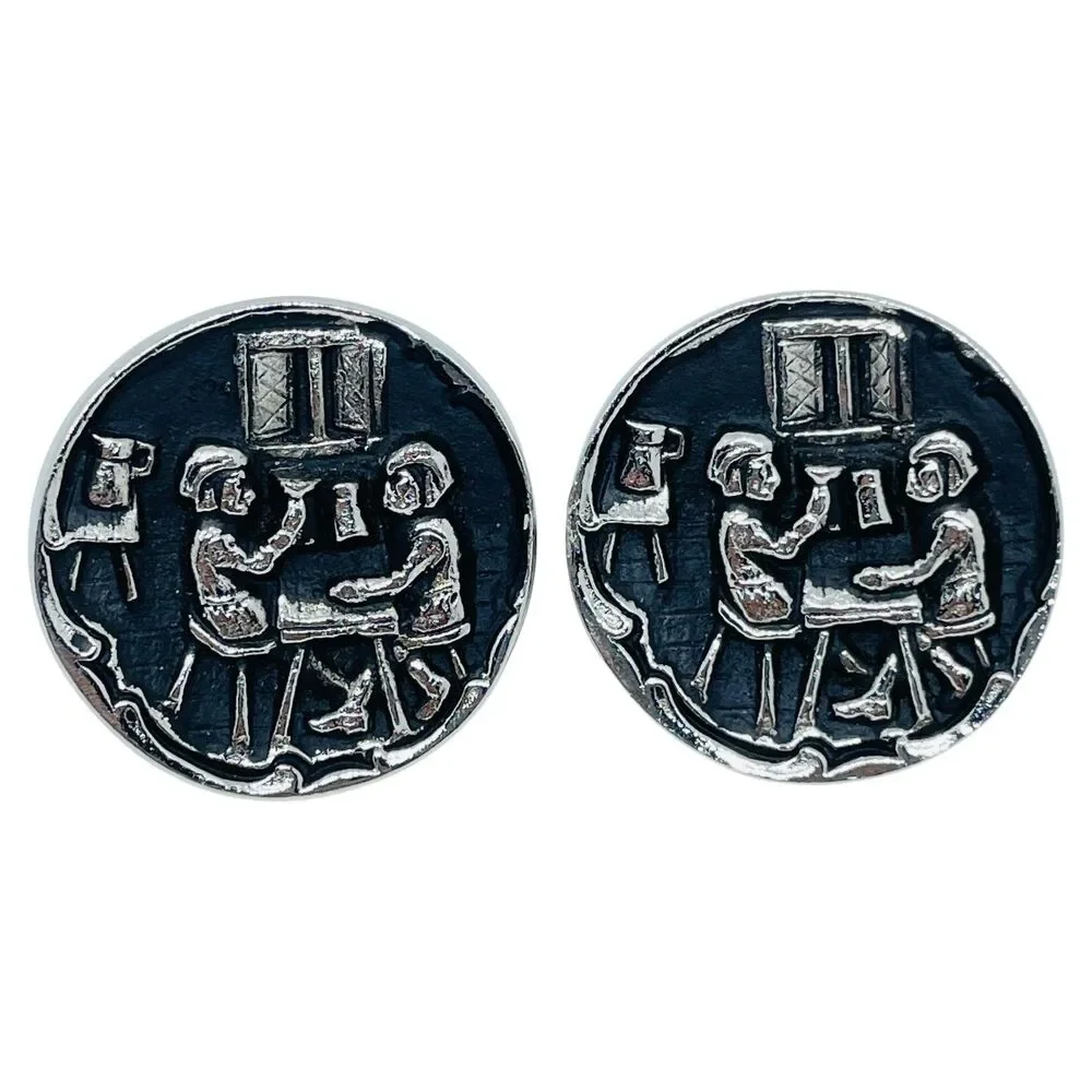 Vintage silver tone black enamel unisex designer cufflinks